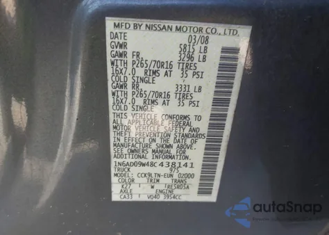 2008 Nissan Frontier Se из США, поврежденный, VIN 1N6AD09W48C438141